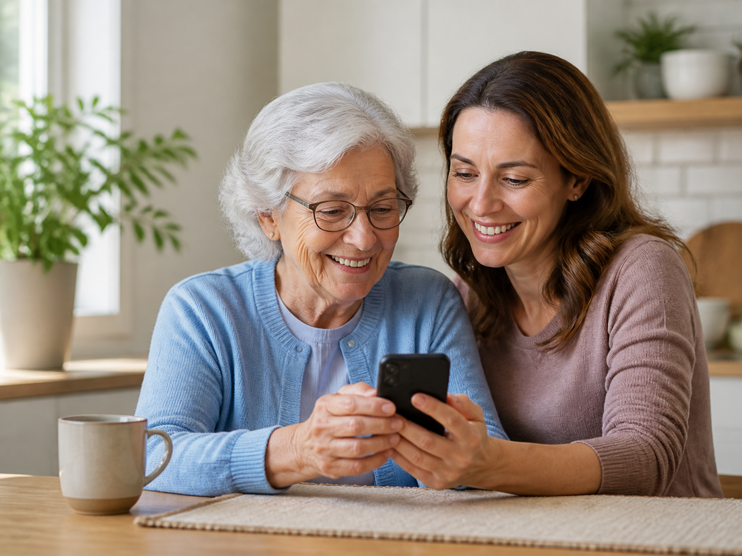 Two family members smiling while using Ready Today together