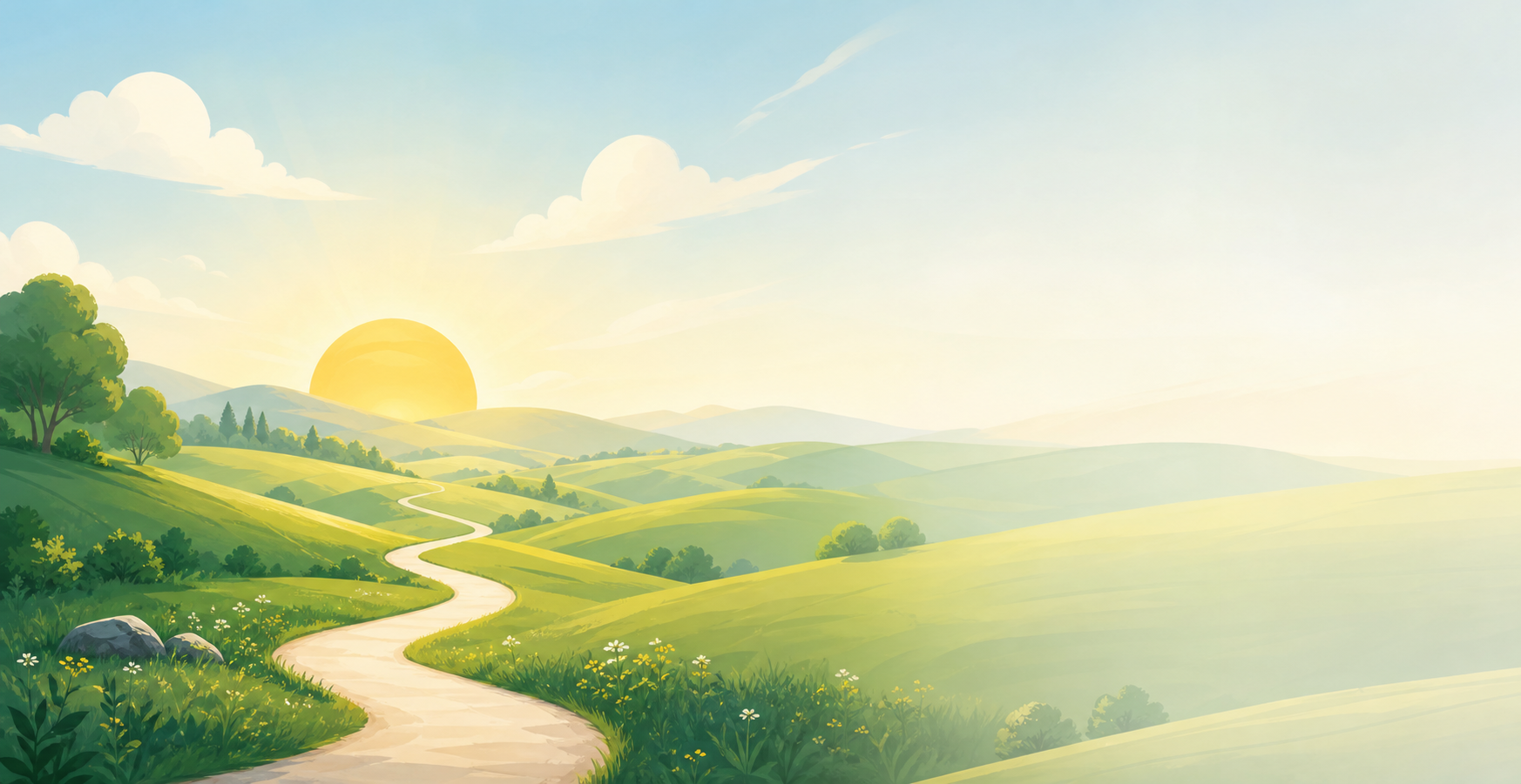 A sunrise path through green hills